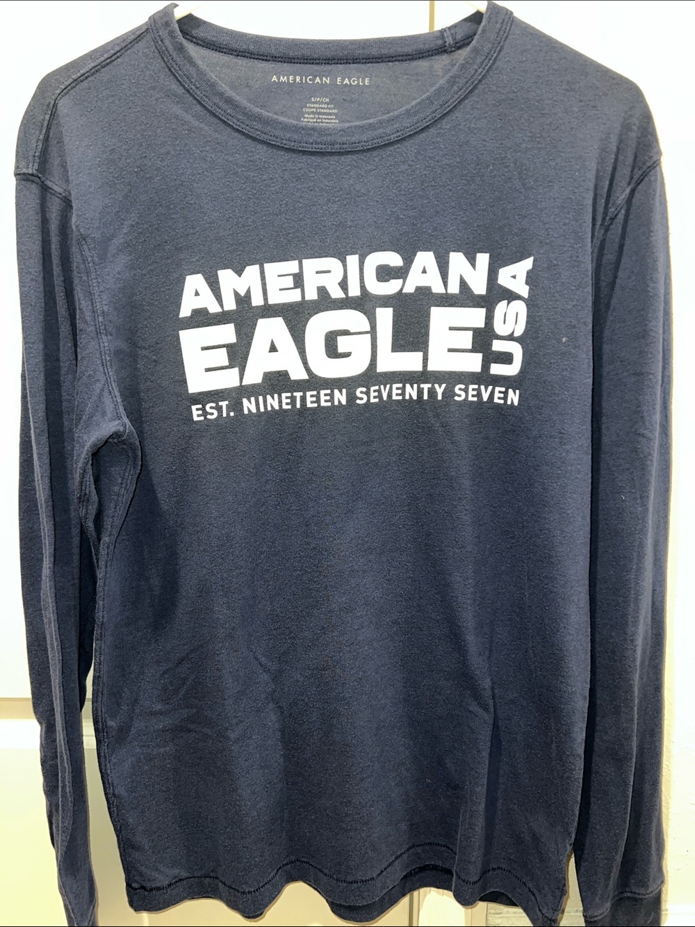 American Eagle Outfitters Long Sleeve Graphic Tee - Navy with White Logo